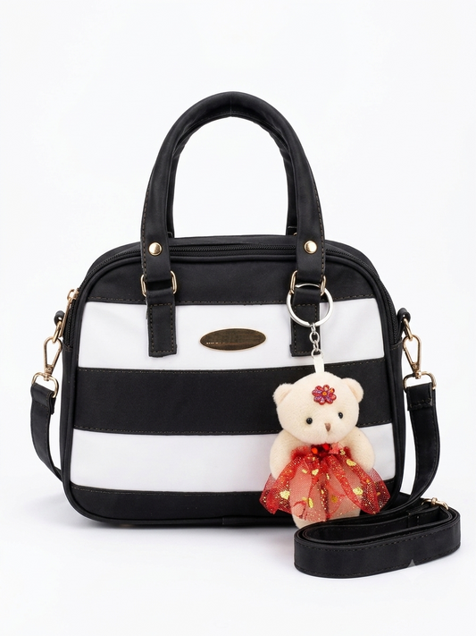 Striped Handbag with Teddy Charm | Premium PU Leather