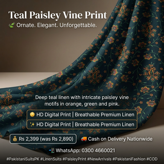 Linen 2pc - Teal Paisley Vine Print