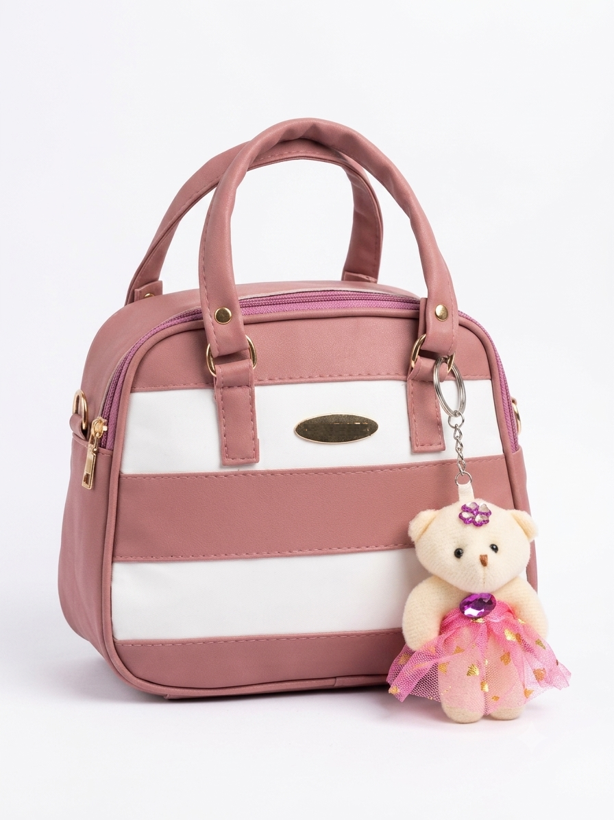 Striped Handbag with Teddy Charm | Premium PU Leather