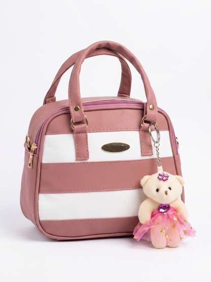 Striped Handbag with Teddy Charm | Premium PU Leather