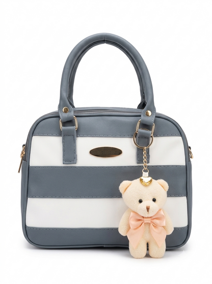 Striped Handbag with Teddy Charm | Premium PU Leather