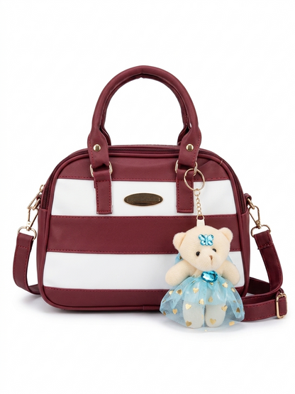 Striped Handbag with Teddy Charm | Premium PU Leather