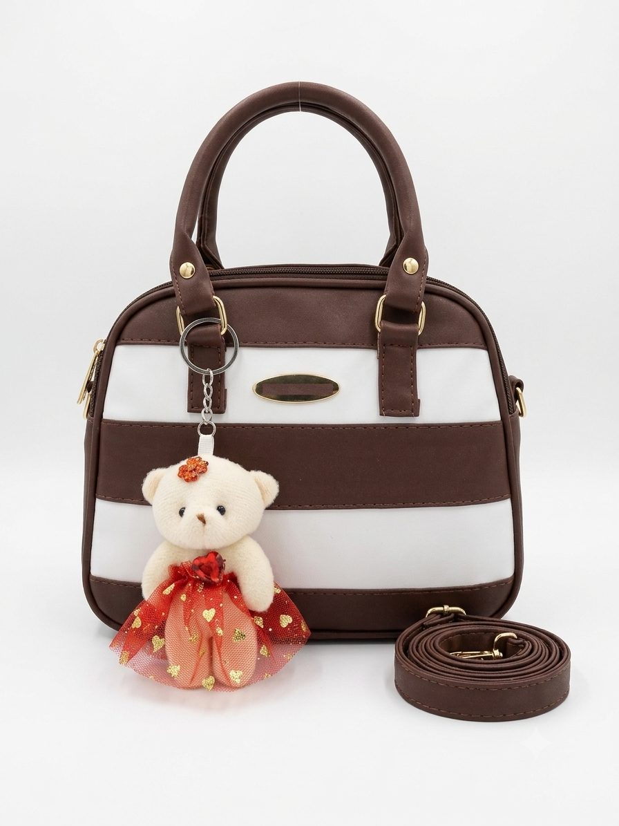 Striped Handbag with Teddy Charm | Premium PU Leather