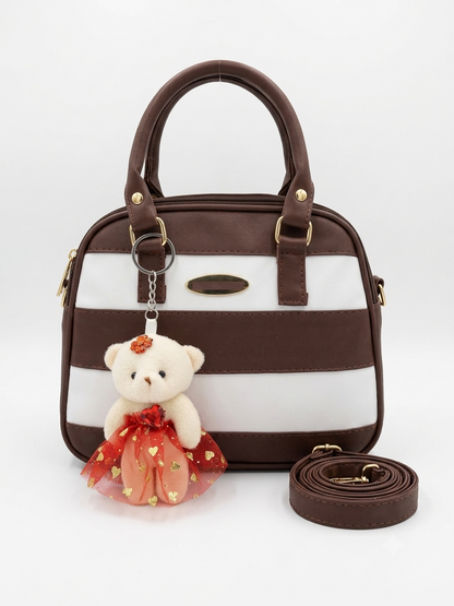 Striped Handbag with Teddy Charm | Premium PU Leather
