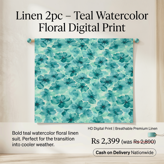 Linen 2pc - Teal Watercolor Floral Digital Print